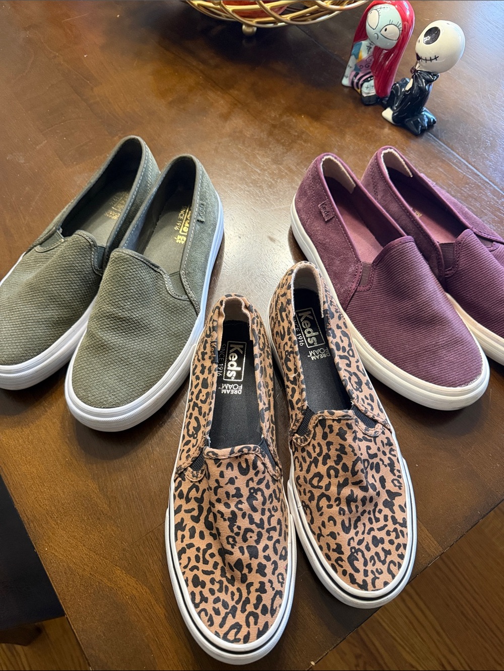 Keds Women’s Slip-On Flats in Olive, Plum, and Leopard, size 6.